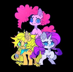 Size: 1021x1008 | Tagged: safe, artist:cutesykill, derpibooru import, applejack, pinkie pie, rarity, earth pony, pony, unicorn, bandage, bandana, black background, female, freckles, g4, hatless, image, looking at you, mare, missing accessory, png, simple background, trio