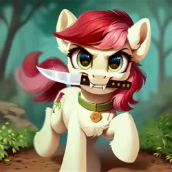 Size: 4096x4096 | Tagged: safe, ai content, derpibooru import, machine learning generated, prompter:doom9454, stable diffusion, roseluck, pony, angry, collar, cute, fangs, generator:purplesmart.ai, grimcute, image, jpeg, knife, mouth hold, pet tag, pony pet, rosepet, running