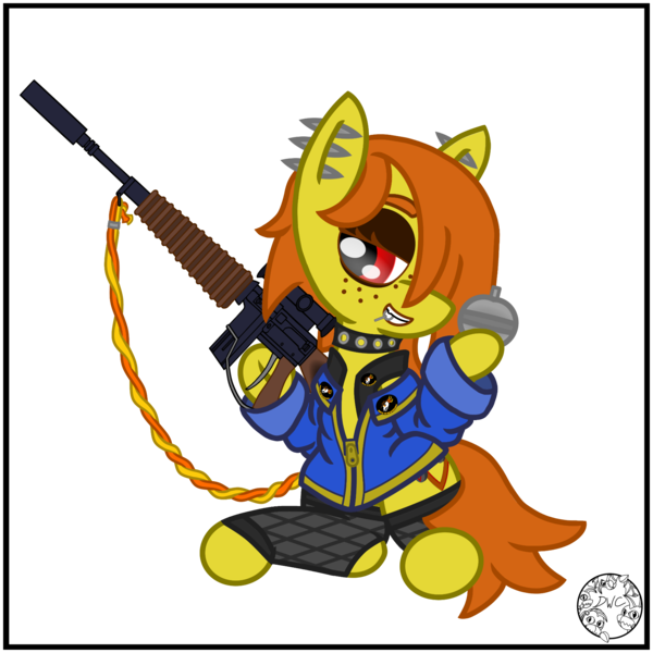 Size: 2000x2000 | Tagged: safe, artist:dice-warwick, derpibooru import, oc, oc:live axle, unofficial characters only, earth pony, pony, fallout equestria, apple grenade, biker vest, clothes, collar, cutie mark, ear piercing, fallout equestria: desperados, fanfic art, female, grenade, gun, image, jacket, makeup, mare, oversized clothes, piercing, png, rifle, scope, service rifle, simple background, smiling, socks, solo, stockings, suppressor, tail, tail wrap, thigh highs, transparent background, weapon