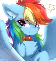 Size: 3500x3800 | Tagged: safe, artist:lunylin, derpibooru import, rainbow dash, pegasus, pony, bust, chest fluff, collar, colored eyebrows, cute, dashabetes, ear fluff, eye clipping through hair, eyebrows, eyebrows visible through hair, female, g4, high res, image, looking at you, mare, png, simple background, smiling, smiling at you, solo, spread wings, starry eyes, white background, wingding eyes, wings