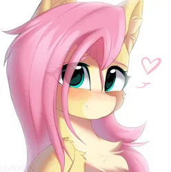 Size: 2304x2324 | Tagged: safe, artist:lunylin, derpibooru import, fluttershy, pegasus, pony, alternate design, blushing, bust, chest fluff, colored eyebrows, cute, ear fluff, eye clipping through hair, eyebrows, eyebrows visible through hair, female, folded wings, g4, heart, high res, image, looking at you, mare, pale belly, png, shyabetes, simple background, smiling, smiling at you, solo, white background, wings