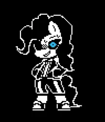 Size: 1200x1392 | Tagged: safe, artist:menalia, derpibooru import, pinkie pie, earth pony, pony, alternate universe, bipedal, black and white, black background, clothes, female, glow, glowing eyes, grayscale, image, jacket, mare, monochrome, pixel art, png, sans (undertale), shoes, shorts, simple background, sneakers, style emulation, undertale