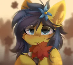 Size: 6200x5500 | Tagged: safe, artist:lunylin, derpibooru import, oc, unofficial characters only, pegasus, pony, absurd resolution, autumn, blushing, cheek fluff, clothes, ear fluff, eye clipping through hair, falling leaves, female, folded wings, image, leaves, looking at you, mare, mouth hold, pegasus oc, png, scarf, smiling, smiling at you, solo, wings