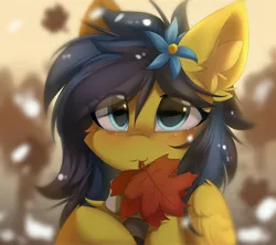 Size: 4096x3634 | Tagged: safe, alternate version, artist:lunylin, derpibooru import, oc, unofficial characters only, pegasus, pony, autumn, blushing, cheek fluff, clothes, ear fluff, eye clipping through hair, falling leaves, female, folded wings, high res, image, jpeg, leaves, looking at you, mare, mouth hold, pegasus oc, scarf, smiling, smiling at you, snow, snowfall, solo, wings