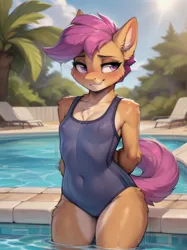 Size: 896x1200 | Tagged: suggestive, ai content, machine learning generated, ponerpics import, ponybooru import, prompter:tial, scootaloo, anthro, pegasus, pony, blue swimsuit, blushing, breasts, cheek fluff, chest fluff, clothes, delicious flat chest, erect nipples, female, fluffy, hip fluff, image, jpeg, looking sideways, looking to the right, mare, nipple outline, older, older scootaloo, one-piece swimsuit, scootaflat, shoulder fluff, sideways glance, small breasts, smiling, swimming pool, swimsuit, water, wet, wet hair, wet mane, wingless, wingless anthro