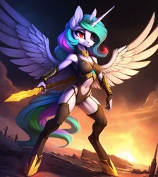 Size: 896x1000 | Tagged: safe, ai content, machine learning generated, ponerpics import, ponybooru import, prompter:hellfire, princess celestia, alicorn, anthro, series:legion, clothes, fantasy, fire, image, jpeg, science fiction, sunrise, sword, war, weapon