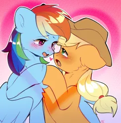 Size: 1960x1997 | Tagged: safe, artist:pledus, derpibooru import, applejack, rainbow dash, earth pony, pegasus, pony, appledash, applejack's hat, blushing, boop, chest fluff, cowboy hat, duo, duo female, eye contact, eyebrows, eyebrows visible through hair, female, freckles, g4, hat, heart, heart eyes, holding hooves, image, lesbian, looking at each other, looking at someone, mare, noseboop, open mouth, png, shipping, signature, wingding eyes, wings