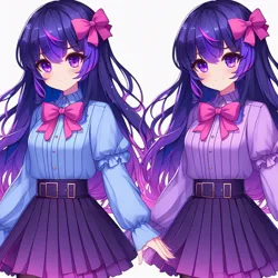 Size: 1024x1024 | Tagged: safe, ai content, derpibooru import, machine learning generated, twilight sparkle, human, equestria girls, anime, bangs, belt, blushing, bow, bowtie, button-up shirt, clothes, duo, female, generator:bing image creator, hair bow, human coloration, humanized, image, jpeg, light skin, long sleeves, looking at you, paradox, pleated skirt, shirt, simple background, skirt, smiling, white background