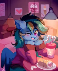Size: 1591x1956 | Tagged: safe, artist:pledus, derpibooru import, oc, unofficial characters only, pegasus, pony, blushing, cafe, clothes, eyebrows, eyebrows visible through hair, hoodie, image, indoors, looking at you, one eye closed, open mouth, open smile, png, signature, sitting, smiling, smiling at you, solo, wink, winking at you
