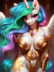 Size: 3072x4096 | Tagged: suggestive, ai content, derpibooru import, generator:pony diffusion v6, machine learning generated, stable diffusion, princess celestia, alicorn, anthro, unguligrade anthro, absurd resolution, armor, beautiful, beautisexy, bedroom eyes, belly button, big breasts, breasts, busty princess celestia, ethereal mane, female, g4, horn, image, jpeg, looking at you, prompter:xydo, smiling, solo, solo female, stupid sexy celestia, thighs, wings