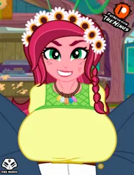 Size: 994x1300 | Tagged: suggestive, alternate version, artist:theminus, derpibooru import, gloriosa daisy, human, equestria girls, legend of everfree, alternate character, big breasts, breasts, busty gloriosa daisy, duo, female, female focus, flower, flower in hair, g4, huge breasts, image, jewelry, jpeg, lipstick, looking at you, male, male pov, necklace, offscreen character, offscreen male, patreon, patreon logo, pov, smiling, smiling at you, solo focus, teeth, watermark