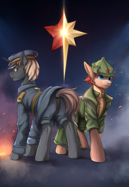 Size: 1650x2380 | Tagged: safe, artist:kirby_orange, derpibooru import, earth pony, unicorn, clothes, commission, duo focus, ear fluff, hat, image, jacket, looking at each other, looking at someone, male, military, military uniform, png, short hair, uniform