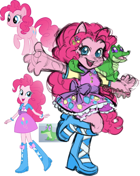 Size: 1200x1500 | Tagged: safe, artist:sparkytopia, derpibooru import, gummy, pinkie pie, human, equestria girls, boots, clothes, colored sketch, cute, g4, image, png, ponied up, reference used, shoes, sketch