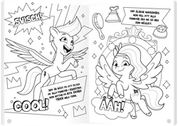 Size: 1820x1286 | Tagged: safe, derpibooru import, official, pipp petals, zipp storm, g5, my little pony: tell your tale, 2d, book, brush, coloring book, coloring page, egmont, flying, image, jpeg, looking at you, merchandise, perfume, smiling, smiling at you, sparkles, spread wings, swedish, translated in the description, wings
