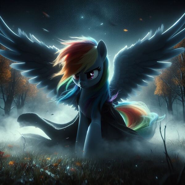 Size: 1024x1024 | Tagged: safe, ai content, derpibooru import, machine learning generated, rainbow dash, pegasus, pony, cloak, clothes, female, generator:bing image creator, glare, image, jpeg, mare, spread wings, wind, windswept mane, wings