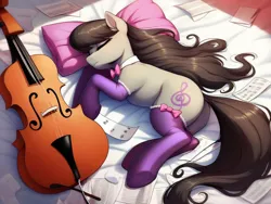 Size: 1024x768 | Tagged: safe, ai content, derpibooru import, machine learning generated, stable diffusion, octavia melody, earth pony, pony, bow, bowtie, butt, cello, clothes, eyes closed, female, g4, generator:pony diffusion v6 xl, generator:purplesmart.ai, image, indoors, lying down, mare, musical instrument, paper, pillow, plot, png, prompt in description, prompter:siber, side, sleeping, socks, solo, thigh highs