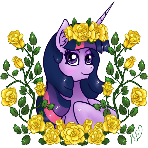 Size: 2048x2048 | Tagged: safe, artist:mesuyoru, derpibooru import, twilight sparkle, twilight sparkle (alicorn), alicorn, pony, blushing, ear fluff, eyeshadow, female, floral head wreath, flower, flower in hair, high res, horn, image, makeup, mare, png, princess of friendship, purple coat, purple eyes, rose, solo