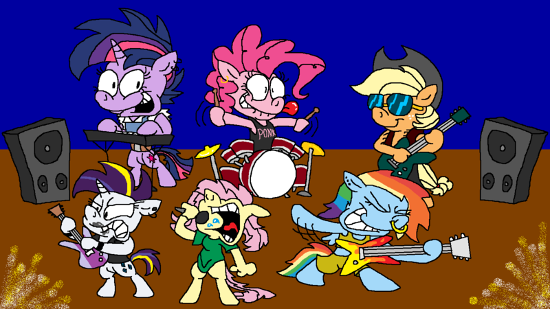 Size: 1600x900 | Tagged: safe, artist:dragonboi471, artist:rainbowdashsmailbag, derpibooru import, applejack, fluttershy, pinkie pie, rainbow dash, rarity, twilight sparkle, pony, drums, electric guitar, guitar, image, keyboard, mane six, musical instrument, png, rock (music)