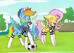 Size: 1057x756 | Tagged: safe, artist:destiny_manticor, derpibooru import, fluttershy, rainbow dash, pegasus, pony, american football, blowing whistle, clothes, coaching cap, cute, dashabetes, duo, duo female, eyes closed, female, football, image, jpeg, mare, mouth hold, rainblow dash, rainbow dashs coaching whistle, red face, referee, referee fluttershy, referee rainbow dash, shyabetes, socks, sports, spread wings, super bowl, whistle, whistle necklace, wings