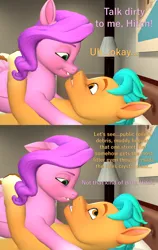 Size: 1365x2160 | Tagged: suggestive, artist:papadragon69, derpibooru import, hitch trailblazer, pipp petals, earth pony, pegasus, pony, g5, 2 panel comic, 3d, bed, comic, cuddling, dirty talk, female, floppy ears, image, literal, male, pipp petals is not amused, png, ship:pitch, shipping, source filmmaker, straight, unamused