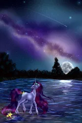 Size: 2880x4320 | Tagged: safe, artist:crazyaniknowit, derpibooru import, oc, oc:velvet moon, unofficial characters only, pony, unicorn, female, image, mare, moon, night, png, reflection, shooting star, solo, stars, water