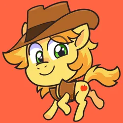Size: 1200x1200 | Tagged: safe, artist:gonenannurs, derpibooru import, braeburn, earth pony, pony, chibi, image, looking at you, male, png, red background, simple background, smiling, smiling at you, solo, stallion