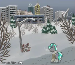 Size: 3709x3178 | Tagged: safe, artist:northglow, derpibooru import, oc, oc:flame belfrey, unofficial characters only, unicorn, abandoned, bnl, burnest city, city, cityscape, forest, image, lanterns, nature, png, snow, tree, winter