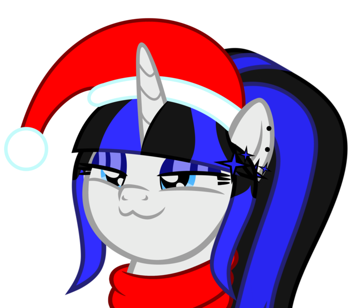 Size: 5038x4444 | Tagged: safe, artist:severity-gray, derpibooru import, oc, oc:coldlight bluestar, unofficial characters only, pony, unicorn, absurd resolution, christmas, clothes, cutie mark accessory, ear piercing, earring, eyeshadow, female, festive, hat, holiday, image, jewelry, makeup, piercing, png, santa hat, scarf, simple background, smug, solo, transparent background