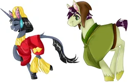 Size: 1000x638 | Tagged: safe, artist:askprosecutie, derpibooru import, oc, oc:nursery rhyme, oc:prosecutie, earth pony, pony, unicorn, clothes, costume, female, image, kuzco, male, mare, nightmare night costume, pacha, png, simple background, stallion, the emperor's new groove, white background