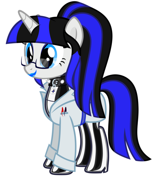 Size: 4902x5500 | Tagged: safe, artist:severity-gray, derpibooru import, oc, oc:coldlight bluestar, unofficial characters only, pony, unicorn, absurd resolution, blue lipstick, clothes, collar, cutie mark accessory, female, glasses, high heels, image, lab coat, latex, latex boots, latex socks, latex suit, lipstick, mare, pen, png, shoes, simple background, socks, solo, spiked collar, transparent background