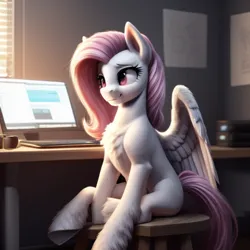 Size: 512x512 | Tagged: safe, ai content, derpibooru import, machine learning generated, fluttershy, chair, computer, desk, g4, image, png, room