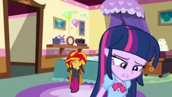 Size: 900x508 | Tagged: safe, artist:josephpatrickbrennan, derpibooru import, sunset shimmer, twilight sparkle, human, equestria girls, bedroom, crying, female, g4, image, jpeg, sad, solo