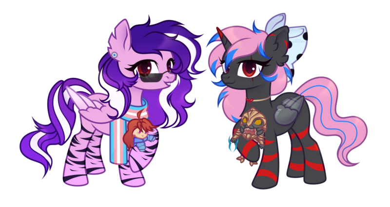 Size: 3083x1642 | Tagged: safe, artist:arina-gremyako, derpibooru import, oc, oc:lunyx fireheart, oc:rain sunburst, alicorn, alien, human, pegasus, pony, derpibooru community collaboration, 2024 community collab, alicorn oc, amputee, arbiter, artificial wings, augmented, bow, celeste, choker, clothes, commission, duo, ear piercing, earring, eye scar, facial scar, female, g4, grin, hair bow, halo (series), horn, image, jewelry, madeline, mare, markings, mother and child, mother and daughter, piercing, plushie, png, pride, pride flag, prosthetic limb, prosthetic wing, prosthetics, raised hoof, scar, scarf, simple background, smiling, sunglasses, trans female, transgender, transgender pride flag, transparent background, wings