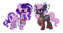 Size: 3083x1642 | Tagged: safe, artist:arina-gremyako, derpibooru import, oc, oc:lunyx fireheart, oc:rain sunburst, alicorn, alien, human, pegasus, pony, derpibooru community collaboration, 2024 community collab, alicorn oc, amputee, arbiter, artificial wings, augmented, bow, celeste, choker, clothes, commission, duo, ear piercing, earring, eye scar, facial scar, female, g4, grin, hair bow, halo (series), horn, image, jewelry, madeline, mare, markings, mother and child, mother and daughter, piercing, plushie, png, pride, pride flag, prosthetic limb, prosthetic wing, prosthetics, raised hoof, scar, scarf, simple background, smiling, sunglasses, trans female, transgender, transgender pride flag, transparent background, wings