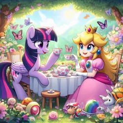 Size: 1024x1024 | Tagged: safe, ai content, artist:user15432, derpibooru import, machine learning generated, prompter:user15432, twilight sparkle, twilight sparkle (alicorn), alicorn, butterfly, human, insect, pony, alternate cutie mark, cup, female, g4, generator:bing image creator, image, jpeg, nature, nintendo, princess peach, super mario bros., tea party, teacup, teapot