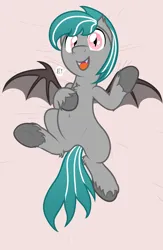 Size: 1300x2000 | Tagged: safe, artist:nitei, derpibooru import, oc, oc:malachite cluster, unofficial characters only, bat pony, pony, bat wings, bed, belly button, chest fluff, e, fangs, happy, image, looking at you, lying down, male, on back, open mouth, png, solo, unshorn fetlocks, wings