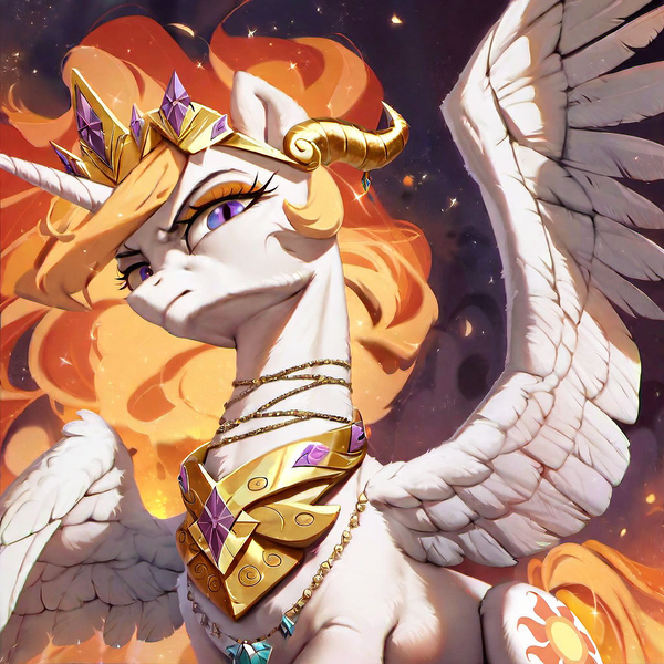 Size: 1024x1024 | Tagged: safe, ai content, derpibooru import, machine learning generated, prompter:dreaming dusk, stable diffusion, nightmare star, princess celestia, alicorn, pony, angry, g4, generator:pony diffusion v6 xl, generator:purplesmart.ai, horns, image, jewelry, looking at you, looking down, looking down at you, mane of fire, necklace, nightmarified, nose wrinkle, peytral, png, purple eyes, regalia, slit pupils, spread wings, tail, tail of fire, tiara, wings