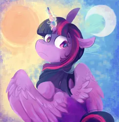 Size: 2072x2120 | Tagged: safe, artist:urbanqhoul, derpibooru import, twilight sparkle, twilight sparkle (alicorn), alicorn, pony, abstract background, crescent moon, female, frown, g4, image, jpeg, looking back, mare, moon, partially open wings, solo, sun, wings