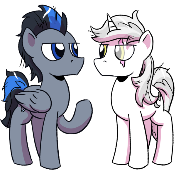 Size: 1200x1200 | Tagged: safe, artist:pony-berserker, derpibooru import, oc, oc:silver sickle, oc:slipstream, pegasus, unicorn, derpibooru community collaboration, 2024 community collab, image, looking at each other, looking at someone, png, scar, unamused