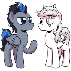 Size: 1200x1200 | Tagged: safe, artist:pony-berserker, derpibooru import, oc, oc:silver sickle, oc:slipstream, pegasus, unicorn, derpibooru community collaboration, 2024 community collab, image, looking at each other, looking at someone, png, scar, unamused