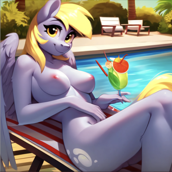 Size: 1420x1420 | Tagged: questionable, ai content, machine learning generated, stable diffusion, derpy hooves, anthro, pegasus, beach babe, breasts, busty derpy hooves, chair, exhibitionism, flirty, hotel, image, inviting, lawn chair, lying down, nudity, png, poolside, seductive pose, sexy, smiling, solo, sunbathing, swimming pool, tropical drink