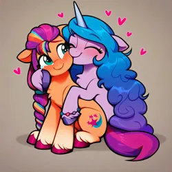 Size: 4096x4096 | Tagged: safe, ai content, derpibooru import, edit, machine learning generated, prompter:catu, stable diffusion, izzy moonbow, sunny starscout, earth pony, pony, unicorn, g5, absurd resolution, biting, blushing, chest fluff, crying, cuddling, cute, daaaaaaaaaaaw, duo, duo female, eyes closed, female, floating heart, floppy ears, generator:pony diffusion v6 xl, generator:purplesmart.ai, gradient background, happy, heart, hug, image, izzybetes, kiss on the cheek, kissing, lesbian, long mane, looking at each other, looking at someone, mane stripe sunny, mare, png, ship:moonscout, shipping, sitting, smiling, smiling at each other, sunnybetes, tears of joy, unshorn fetlocks, wholesome