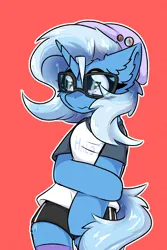Size: 2000x3000 | Tagged: safe, artist:jubyskylines, derpibooru import, trixie, unicorn, glasses, image, png, red background, simple background, solo