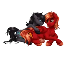 Size: 1280x1024 | Tagged: safe, artist:crimsonwolf360, derpibooru import, oc, oc:crimson sky, oc:midnight shadow, pegasus, pony, unicorn, derpibooru community collaboration, 2024 community collab, cuddling, image, png, simple background, transparent background