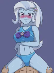 Size: 2048x2764 | Tagged: suggestive, artist:sumin6301, derpibooru import, trixie, human, equestria girls, belly button, bikini, blue underwear, blushing, breasts, busty trixie, clothes, eyebrows, eyelashes, female, female focus, g4, hairpin, hand on leg, image, jpeg, long hair, looking at you, male, male pov, offscreen character, offscreen male, pov, purple bow, simple background, smiling, smiling at you, solo focus, spread legs, spreading, stupid sexy trixie, swimsuit, underwear, white hair