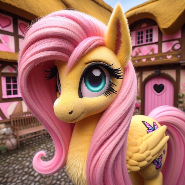 Size: 1024x1024 | Tagged: safe, ai content, machine learning generated, ponerpics import, ponybooru import, fluttershy, pegasus, pony, bing, female, fluffy, folded wings, image, jpeg, mare, ponyville, semi-realistic, solo, wings