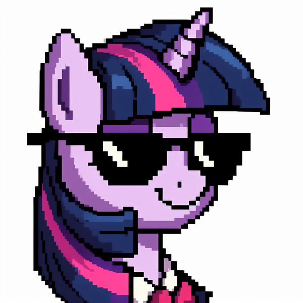 Size: 2048x2048 | Tagged: safe, ai content, derpibooru import, machine learning generated, prompter:krivovyaz, twilight sparkle, pony, unicorn, clothes, cool, generator:bing image creator, glasses, image, pixel art, png, simple background, smiling, smug, solo