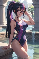Size: 1024x1536 | Tagged: suggestive, ai content, derpibooru import, editor:sammykun, machine learning generated, sci-twi, twilight sparkle, human, bangs, bath, breasts, busty twilight sparkle, clothes, column, female, fountain, g4, generator:yodayo, glasses, hand on head, humanized, image, jpeg, legs, long hair, looking at you, one-piece swimsuit, palm tree, partially submerged, ponytail, prompter:sammykun, reasonably sized breasts, roman, smiling, smiling at you, solo, solo female, stupid sexy twilight, swimsuit, teeth, thighs, tree, water, wet