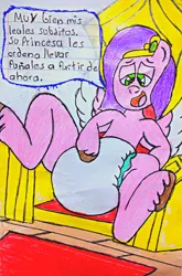 Size: 2154x3264 | Tagged: safe, artist:bitter sweetness, derpibooru import, pipp petals, pegasus, g5, my little pony: a new generation, my little pony: make your mark, my little pony: tell your tale, abdl, adult foal, diaper, diaper fetish, fetish, high res, image, non-baby in diaper, png, poofy diaper, spanish, spanish text, speech bubble, traditional art, translated in the description