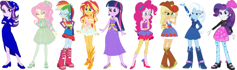 Size: 3981x1184 | Tagged: safe, artist:tylerajohnson352, derpibooru import, applejack, fluttershy, pinkie pie, rainbow dash, rarity, starlight glimmer, sunset shimmer, trixie, twilight sparkle, human, equestria girls, bare shoulders, belt, boots, clothes, converse, dress, eqg promo pose set, female, fingerless gloves, g4, gloves, hat, high heel boots, high heels, image, png, shoes, simple background, sleeveless, solo, strapless, transparent background, vector